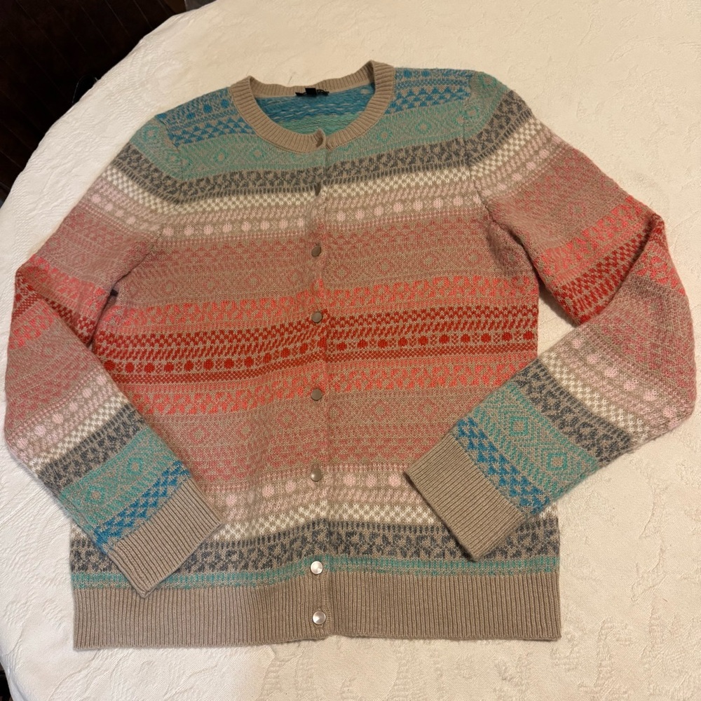 Talbots Colorful  Patterned Women's Sweater Soft Cardigan Button Lambswool Blend